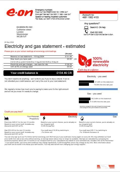 United Kingdom E.ON business utility bill template in Word and PDF formats, version 4